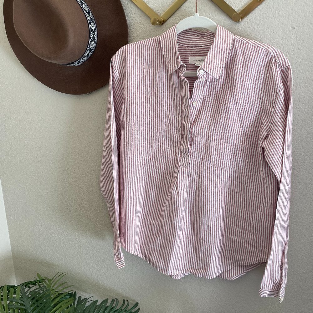 Treasure & Bond Railroad Stripe 100% Linen Collared Popover Blouse Shirt Top